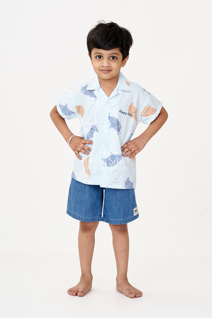 Boys Men’s Casual Two Piece Outfits in Light Blue Animal Printed Shirt with Denim Shorts
