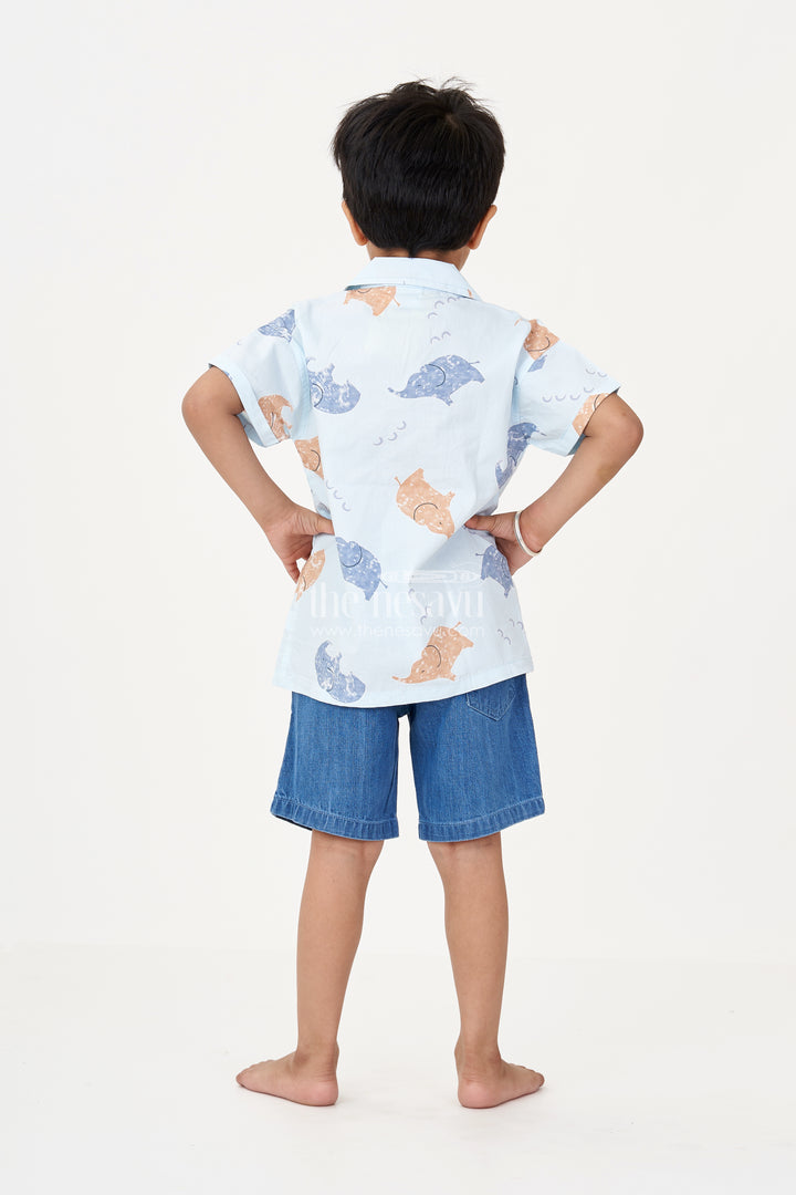 Boys Men’s Casual Two Piece Outfits in Light Blue Animal Printed Shirt with Denim Shorts