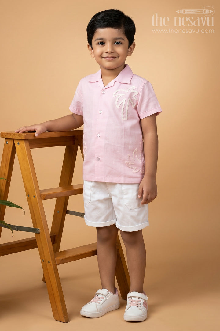 Boys Cotton Casual Classic Dresses with Chenille Embroidery Shirt and White Shorts in Soft Pink