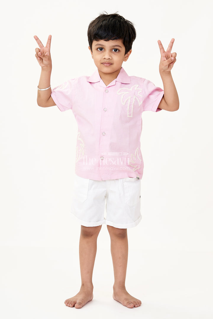 Boys Cotton Casual Classic Dresses with Chenille Embroidery Shirt and White Shorts in Soft Pink