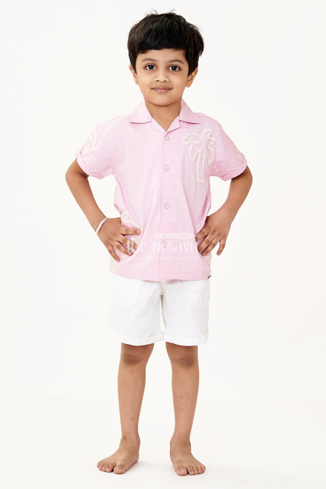 Boys Cotton Casual Classic Dresses with Chenille Embroidery Shirt and White Shorts in Soft Pink