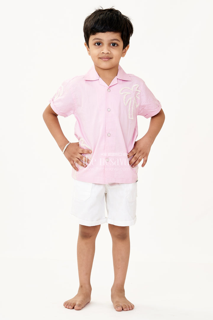 Boys Cotton Casual Classic Dresses with Chenille Embroidery Shirt and White Shorts in Soft Pink