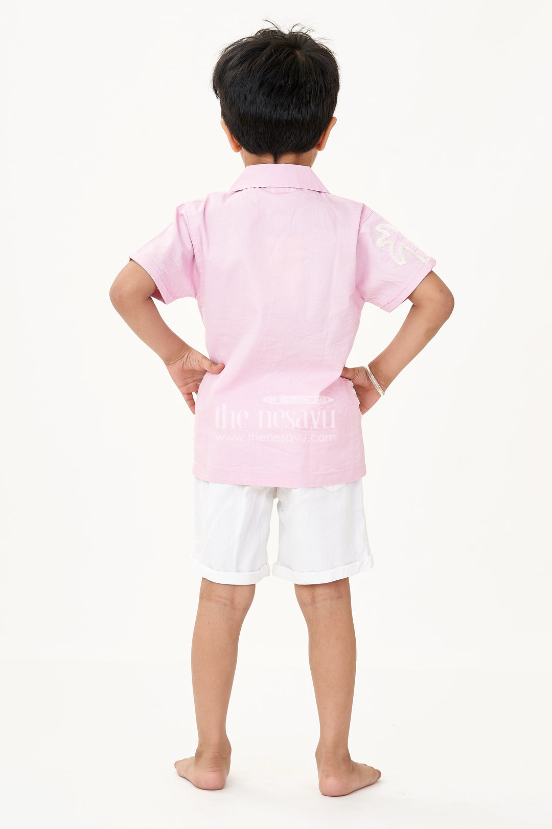 Boys Cotton Casual Classic Dresses with Chenille Embroidery Shirt and White Shorts in Soft Pink
