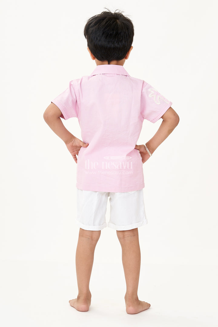 Boys Cotton Casual Classic Dresses with Chenille Embroidery Shirt and White Shorts in Soft Pink