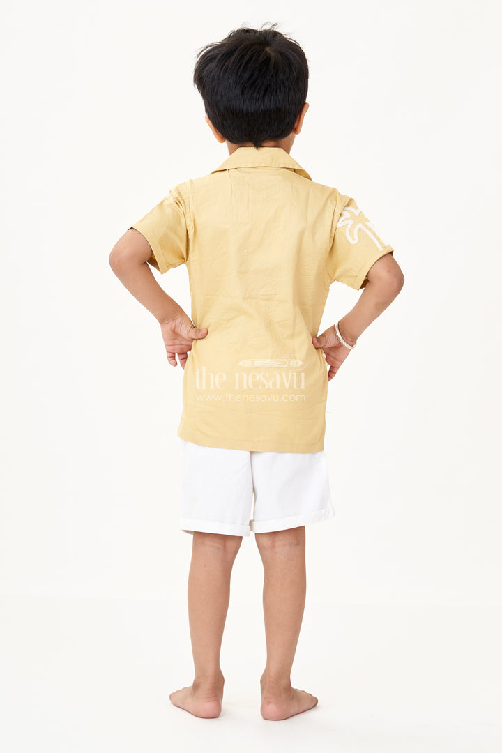 Boys Yellow Cotton Casual Two Piece Short Set with Chenille Embroidery and White Drawstring Shorts