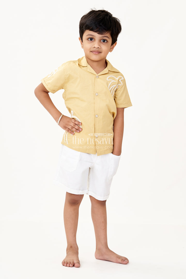 Boys Yellow Cotton Casual Two Piece Short Set with Chenille Embroidery and White Drawstring Shorts