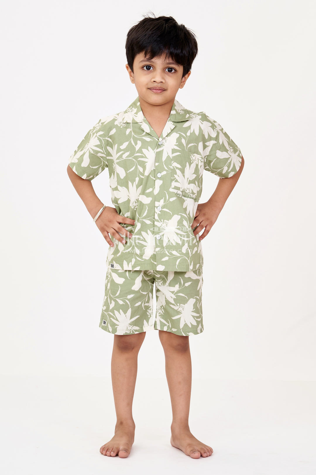 Boys Green Two Piece Casual Dress with Digital Floral Print and Elasticated Waistband for Comfort