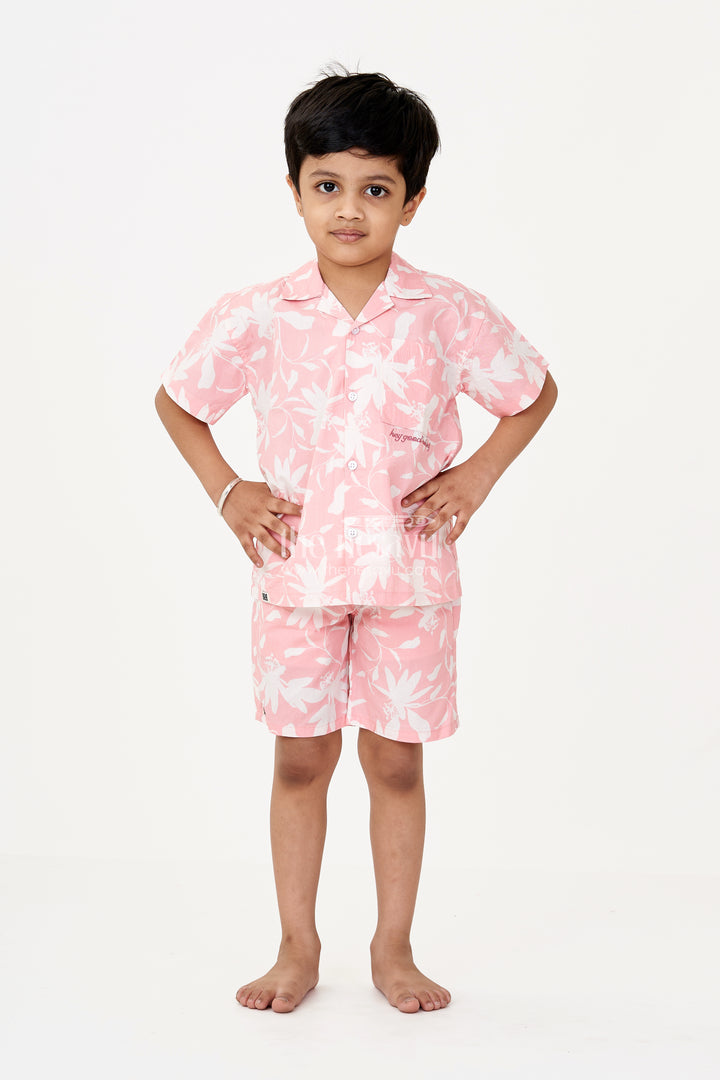 Boys Pink 2 Piece Casual Outfits with Floral Digital Print Shirt and Matching Shorts for Summer Days