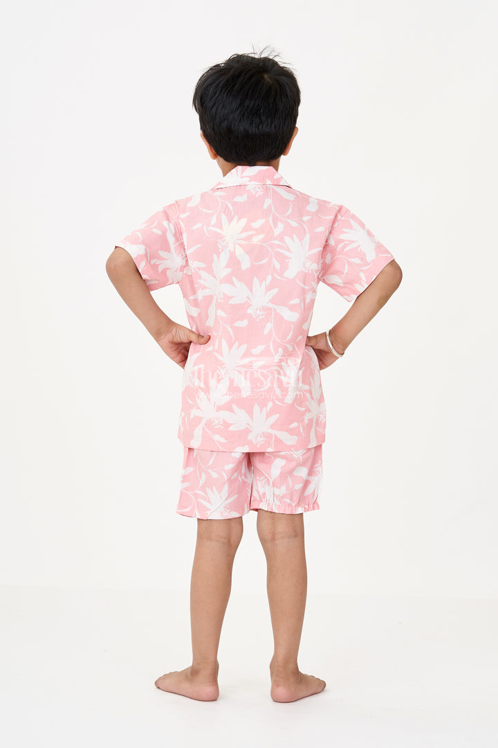 Boys Pink 2 Piece Casual Outfits with Floral Digital Print Shirt and Matching Shorts for Summer Days