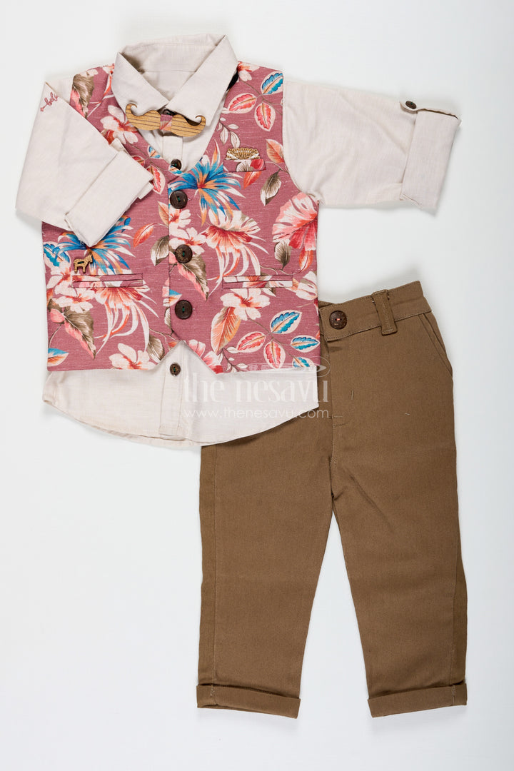Trendy Shirt Set for Boys with Cream Shirt and Pink Floral Digital Print Jacket in Cotton Blend with Olive Pants