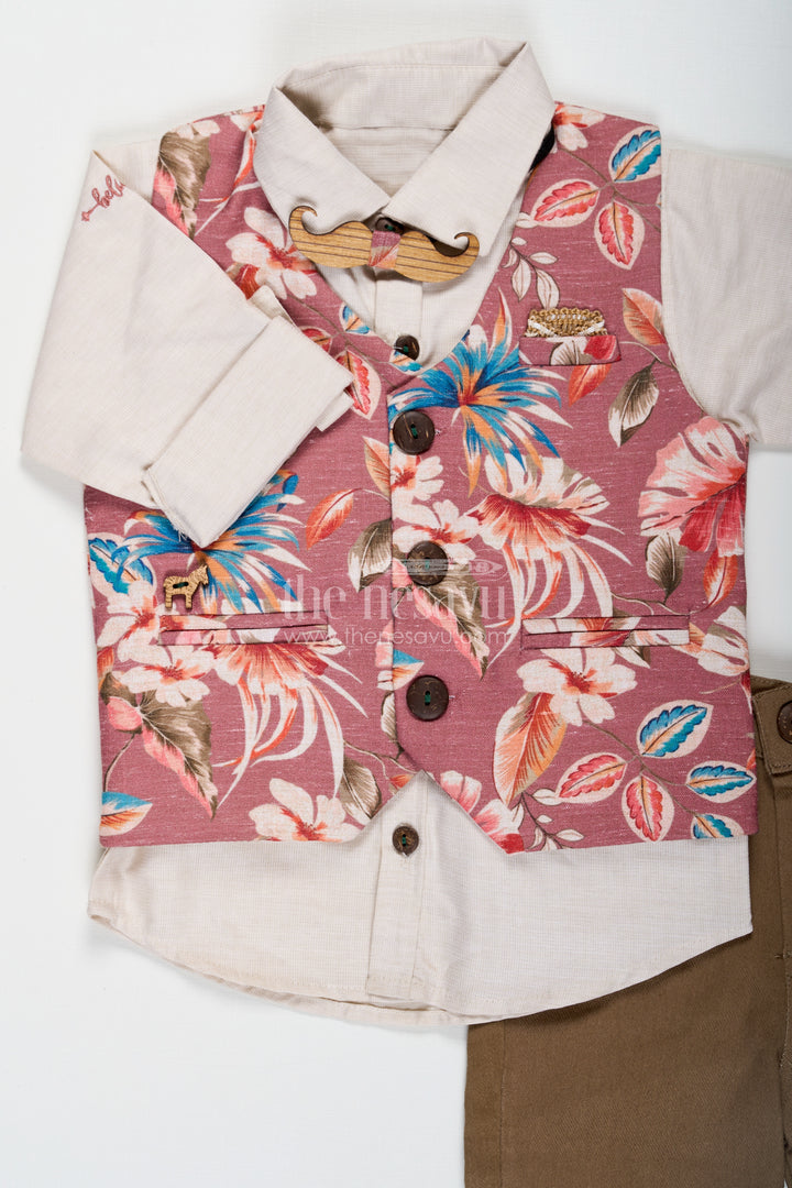 Trendy Shirt Set for Boys with Cream Shirt and Pink Floral Digital Print Jacket in Cotton Blend with Olive Pants