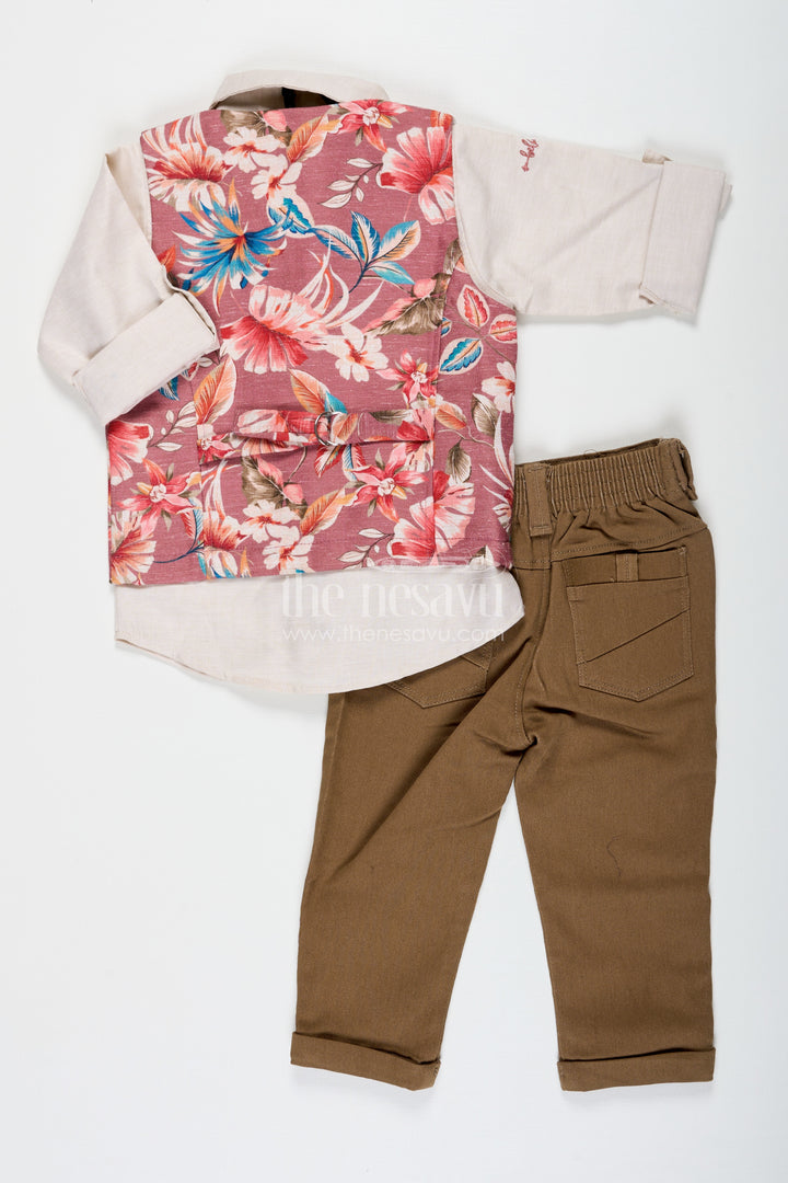 Trendy Shirt Set for Boys with Cream Shirt and Pink Floral Digital Print Jacket in Cotton Blend with Olive Pants