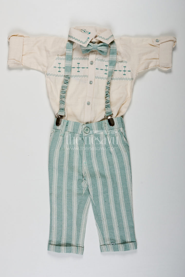 Short Sleeve Shirt Set for Boys in Cotton with Thread Embroidery and Green Striped Pants with Matching Cap