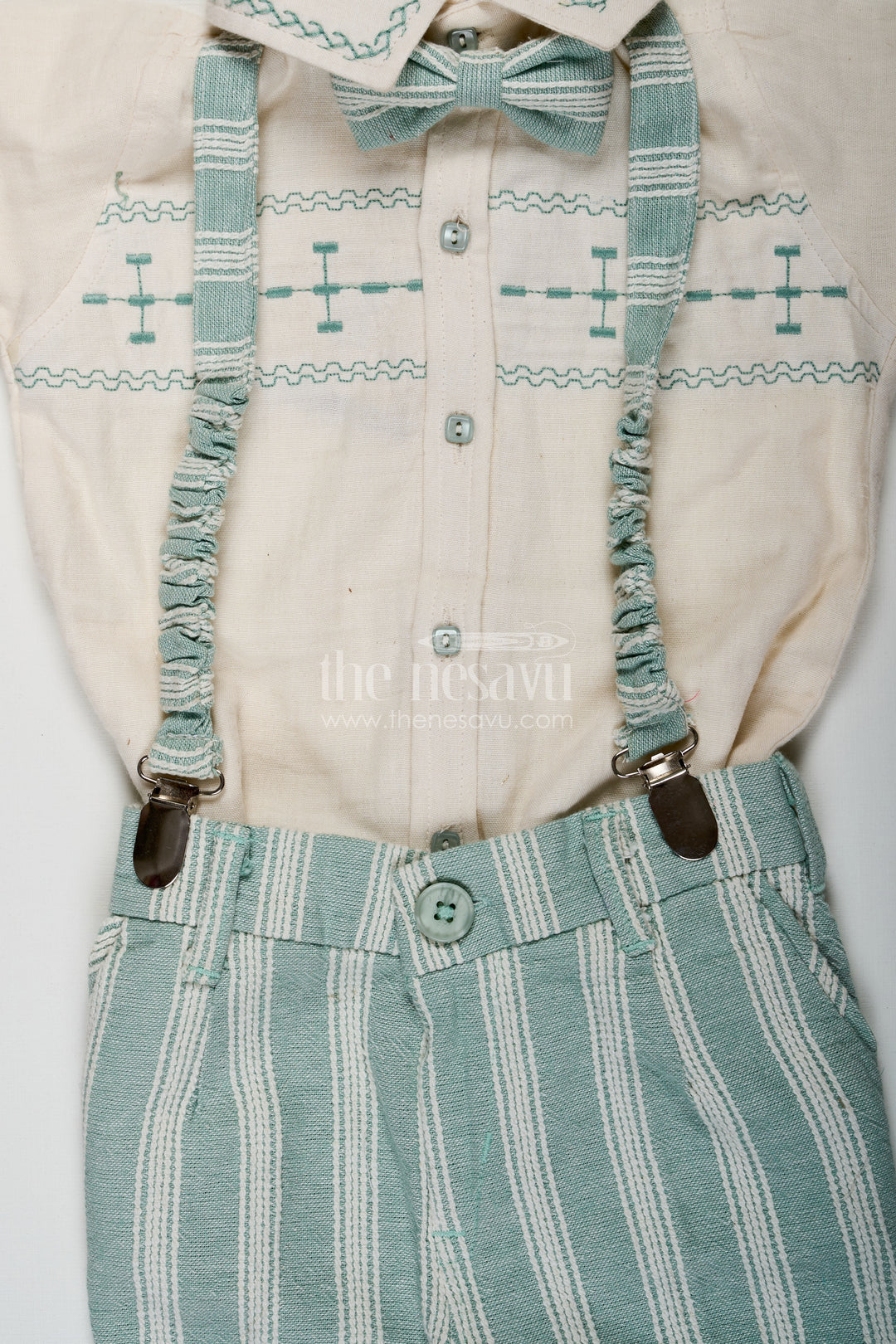 Short Sleeve Shirt Set for Boys in Cotton with Thread Embroidery and Green Striped Pants with Matching Cap