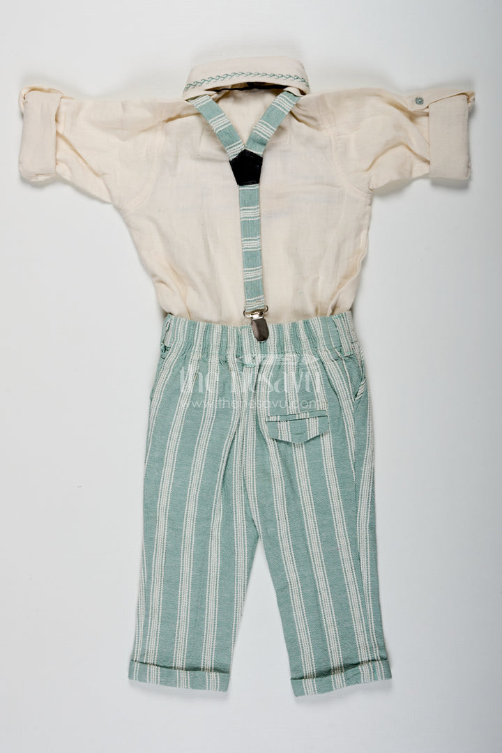 Short Sleeve Shirt Set for Boys in Cotton with Thread Embroidery and Green Striped Pants with Matching Cap