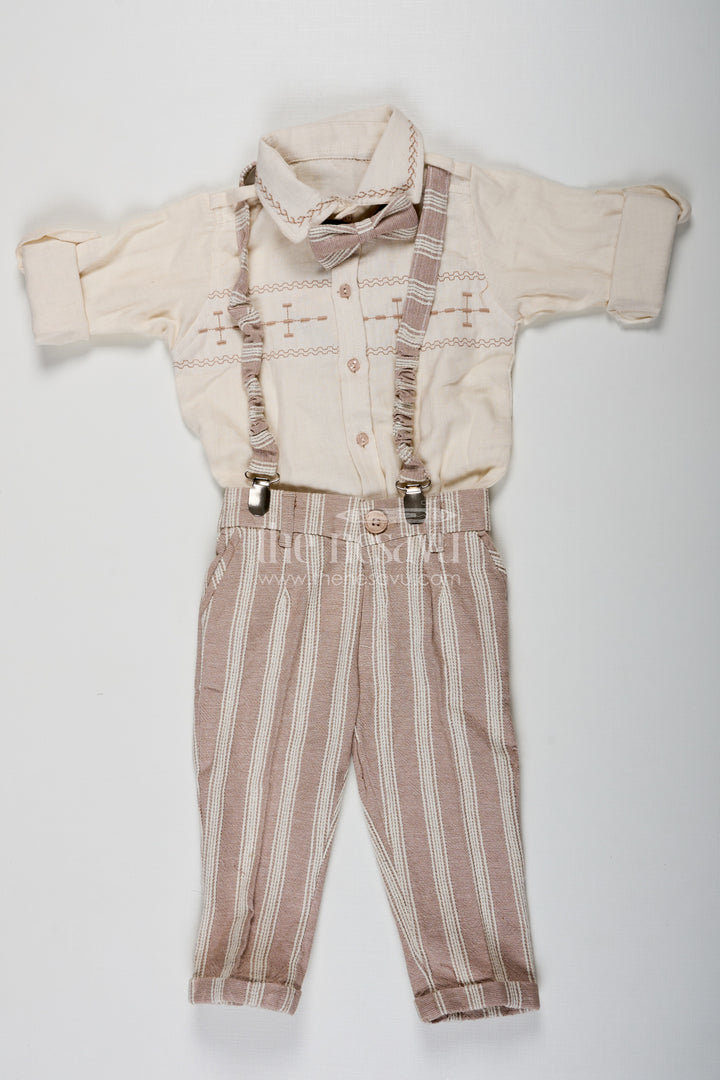 Birthday Wear Dress Set for Boys in Muslin Cotton with Thread Embroidery Striped Pants and Matching Cap