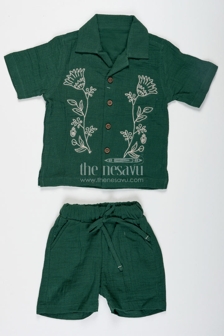 Muslin Set for Boys in Forest Green with Thread Embroidered Floral Shirt and Matching Shorts