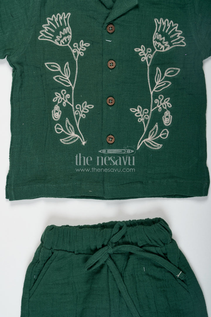Muslin Set for Boys in Forest Green with Thread Embroidered Floral Shirt and Matching Shorts