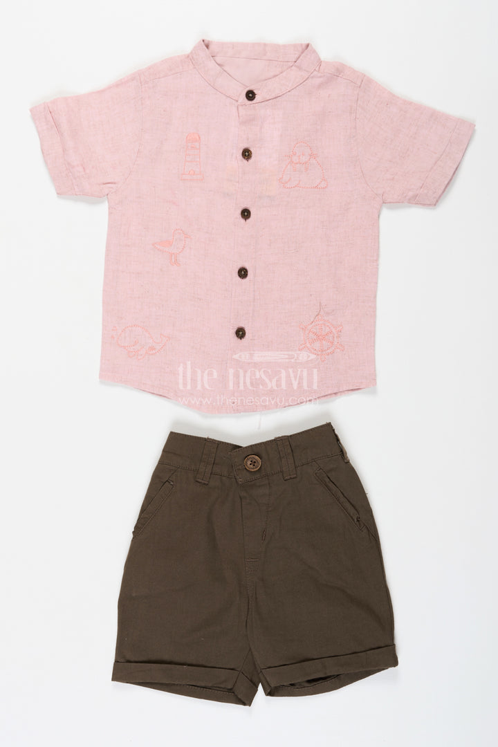 Cotton Set for Boys with Pink Thread Embroidered Shirt and Olive Green Shorts in Lightweight Fabric