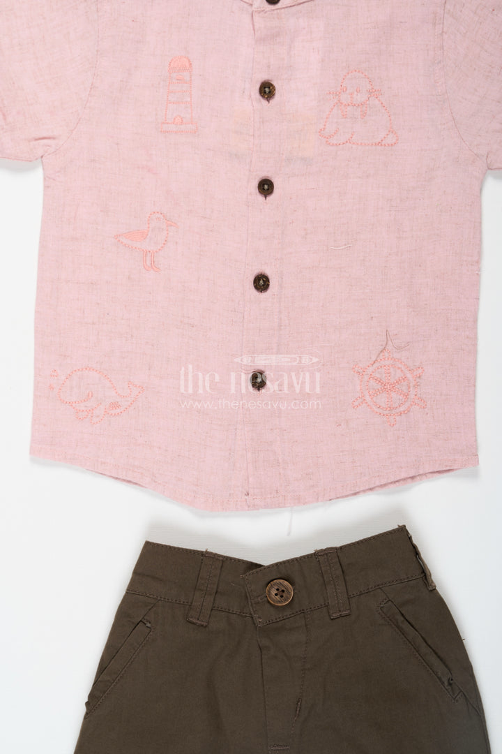 Cotton Set for Boys with Pink Thread Embroidered Shirt and Olive Green Shorts in Lightweight Fabric