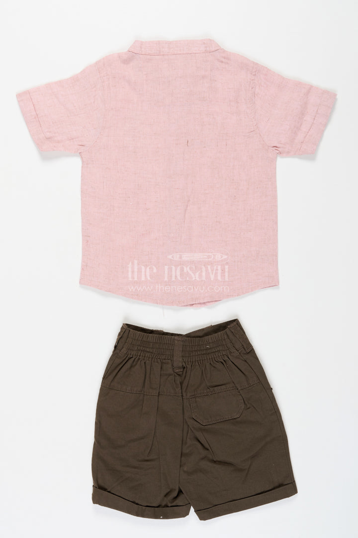 Cotton Set for Boys with Pink Thread Embroidered Shirt and Olive Green Shorts in Lightweight Fabric