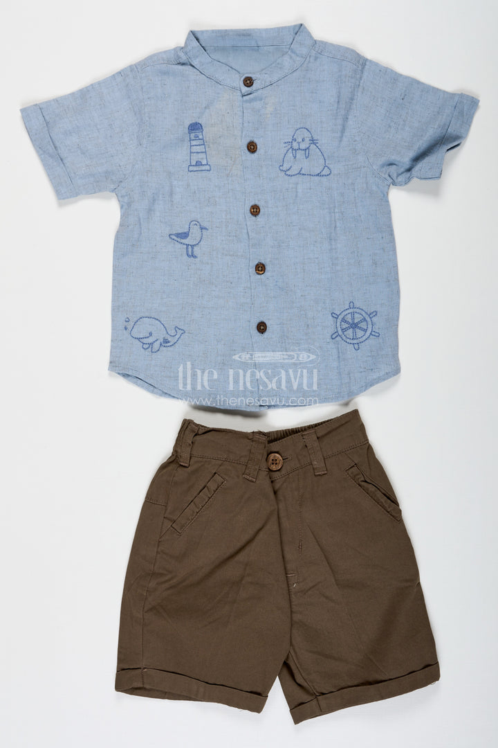 Embroidery Shirt Set for Boys in Sky Blue with Nautical Thread Motifs and Olive Green Shorts for Everyday Adventures