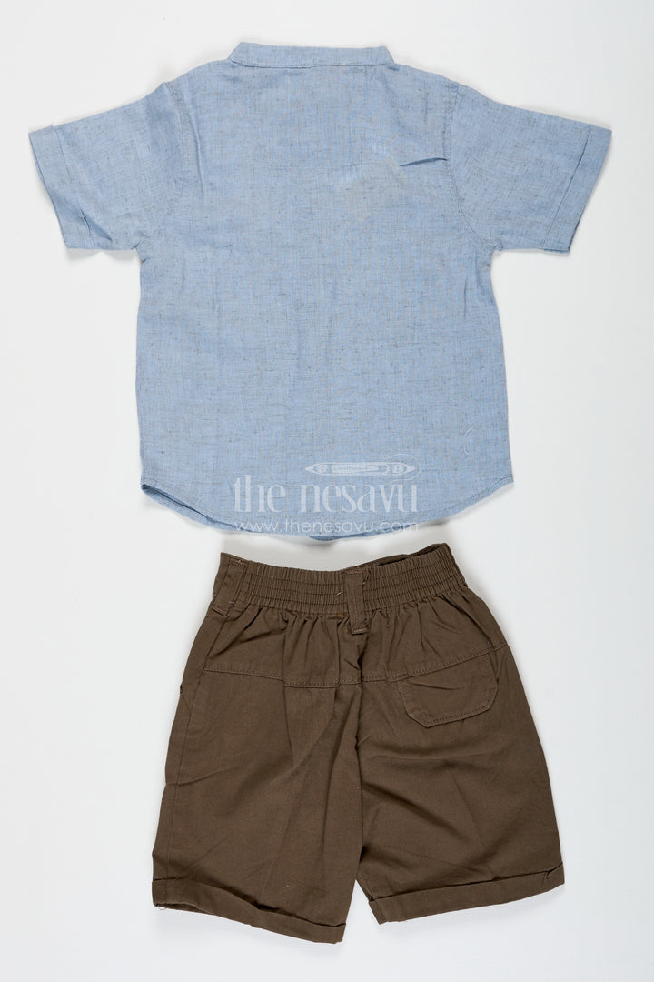 Embroidery Shirt Set for Boys in Sky Blue with Nautical Thread Motifs and Olive Green Shorts for Everyday Adventures