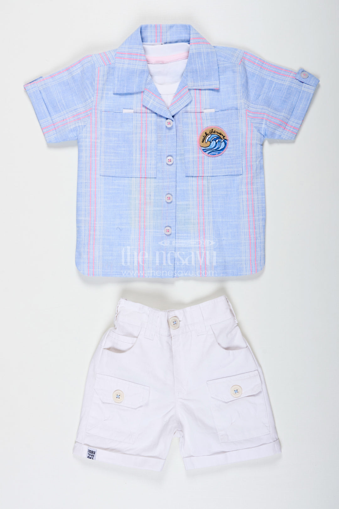 Stripes Design Boys Cotton Casual Outfit with Graphic Tank Top Checked Shirt and Cargo Pocket Shorts