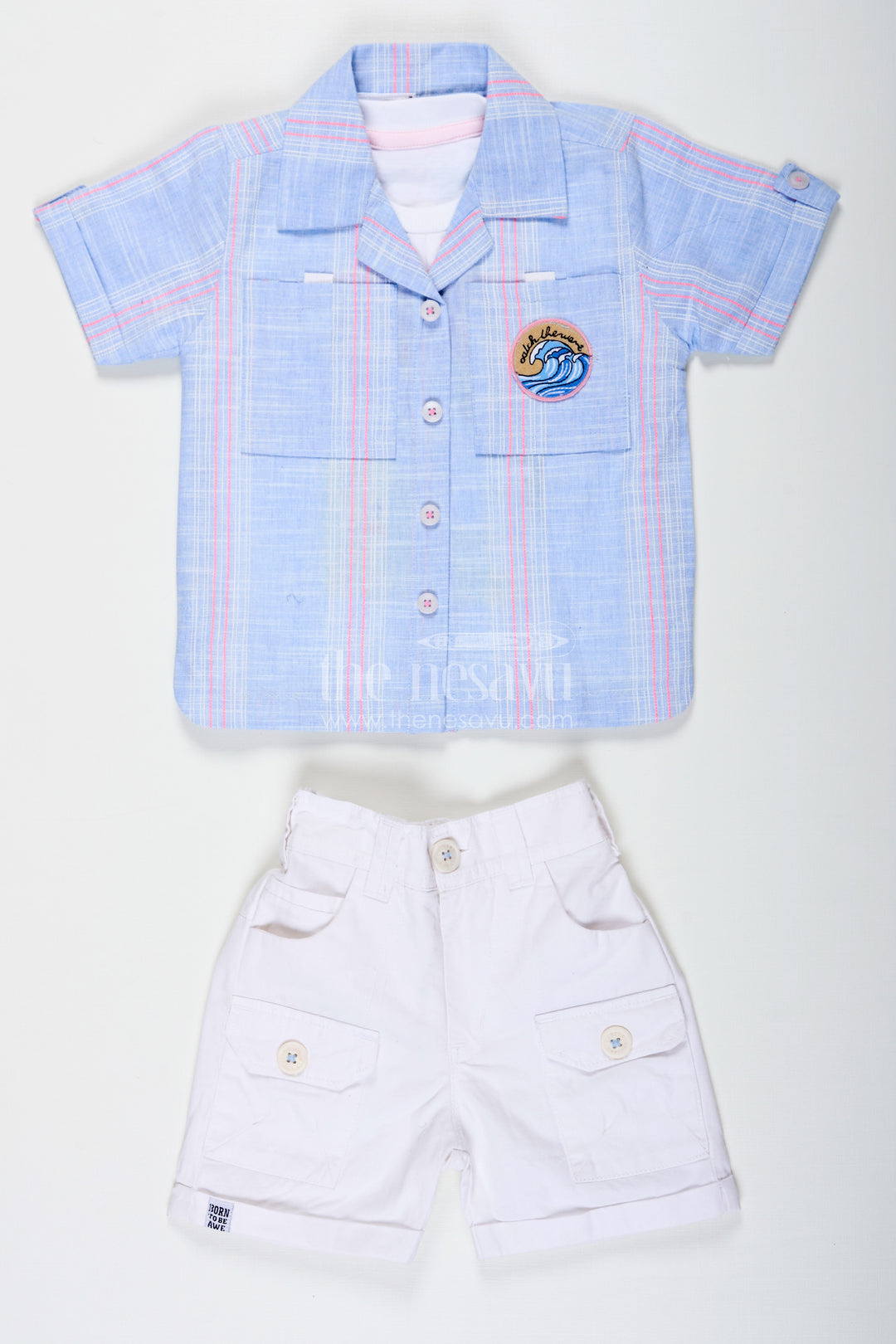 Stripes Design Boys Cotton Casual Outfit with Graphic Tank Top Checked Shirt and Cargo Pocket Shorts