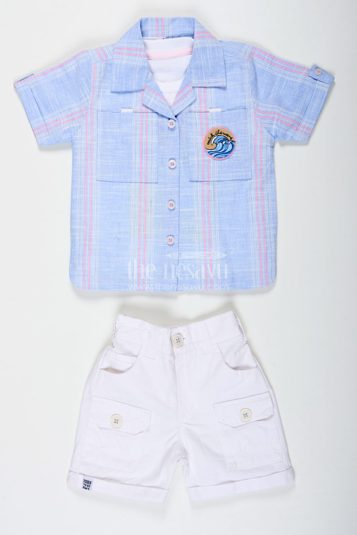 Stripes Design Boys Cotton Casual Outfit with Graphic Tank Top Checked Shirt and Cargo Pocket Shorts