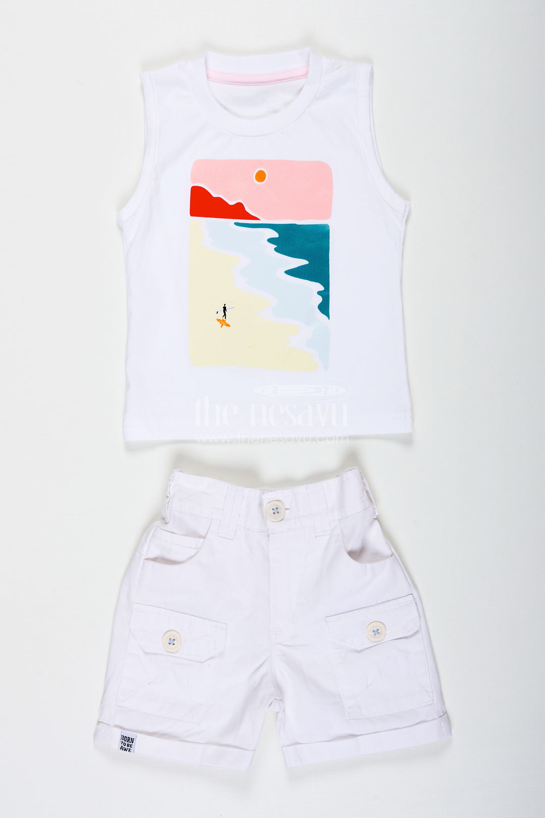 Stripes Design Boys Cotton Casual Outfit with Graphic Tank Top Checked Shirt and Cargo Pocket Shorts