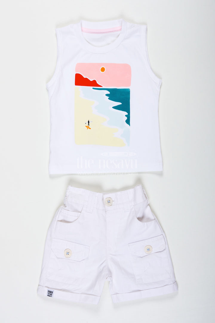 Stripes Design Boys Cotton Casual Outfit with Graphic Tank Top Checked Shirt and Cargo Pocket Shorts