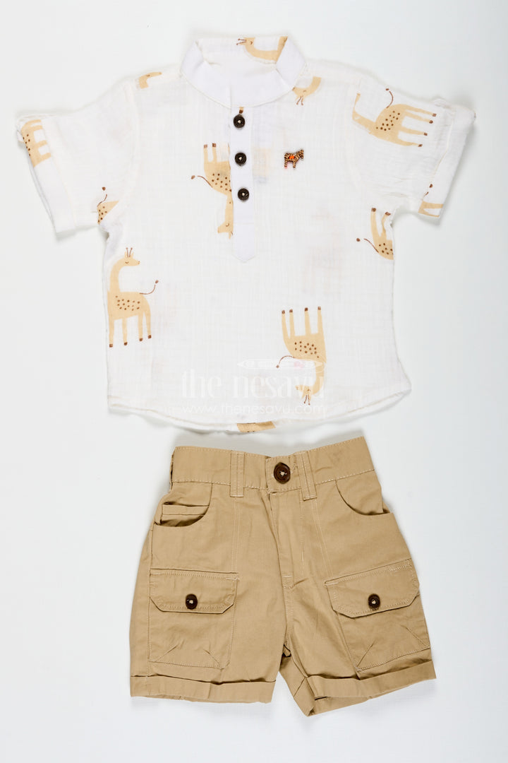 Shirt Trouser Set for Boys in Muslin Cotton with Giraffe Print and Button Detail on Cream Shirt and Khaki Shorts