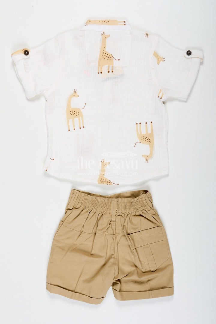 Shirt Trouser Set for Boys in Muslin Cotton with Giraffe Print and Button Detail on Cream Shirt and Khaki Shorts