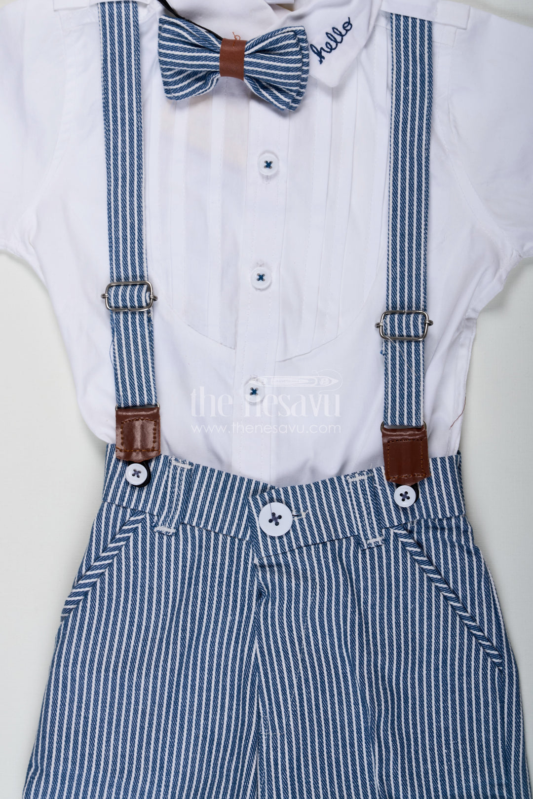 Bow Tie Shirt Set for Boys with White Pintuck Cotton Shirt Striped Shorts Matching Belt and Cap