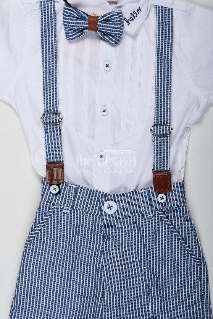 Bow Tie Shirt Set for Boys with White Pintuck Cotton Shirt Striped Shorts Matching Belt and Cap