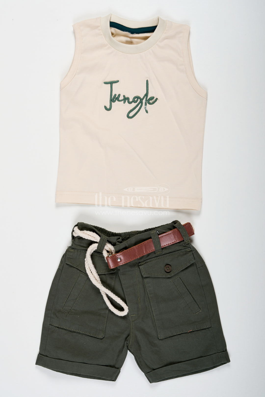 Print Shirt Set for Boys in Jungle-Themed Muslin Cotton with Graphic Tank Top and Olive Shorts