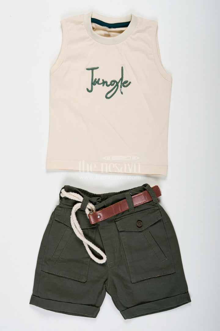 Print Shirt Set for Boys in Jungle-Themed Muslin Cotton with Graphic Tank Top and Olive Shorts