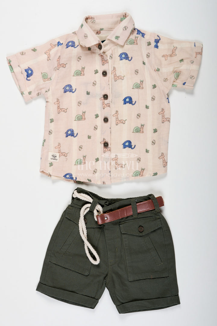 Print Shirt Set for Boys in Jungle-Themed Muslin Cotton with Graphic Tank Top and Olive Shorts