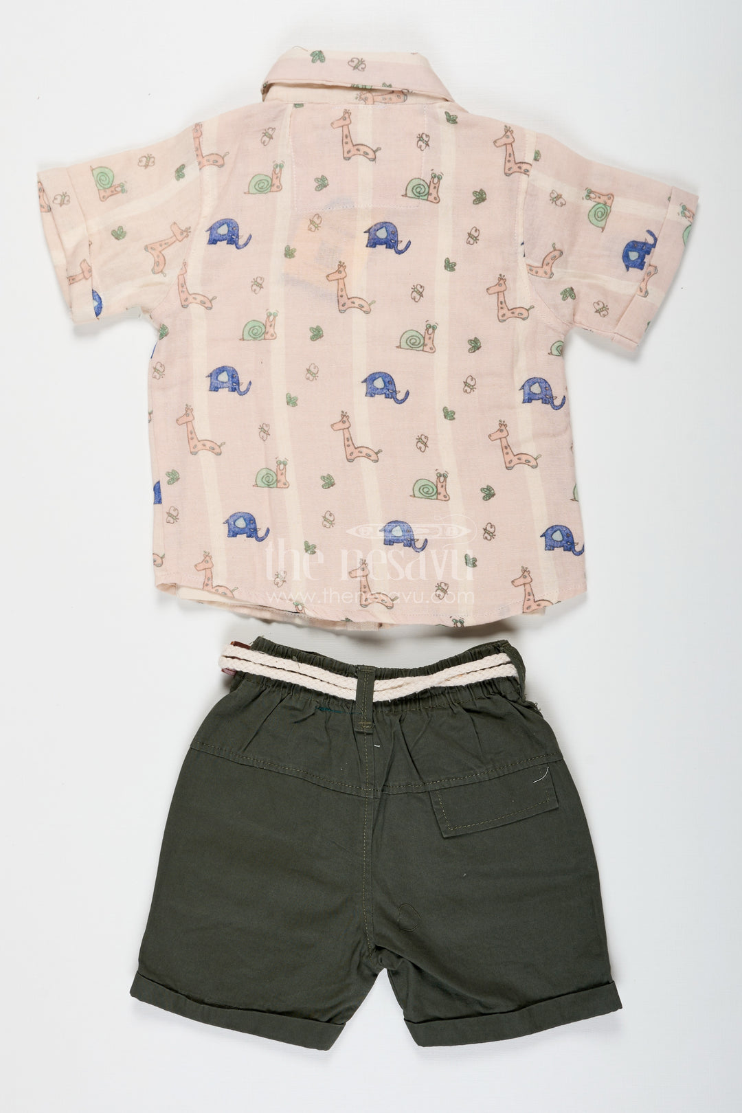 Print Shirt Set for Boys in Jungle-Themed Muslin Cotton with Graphic Tank Top and Olive Shorts