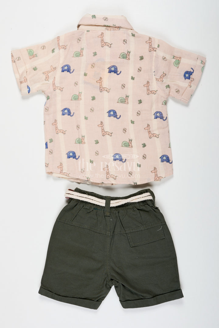 Print Shirt Set for Boys in Jungle-Themed Muslin Cotton with Graphic Tank Top and Olive Shorts