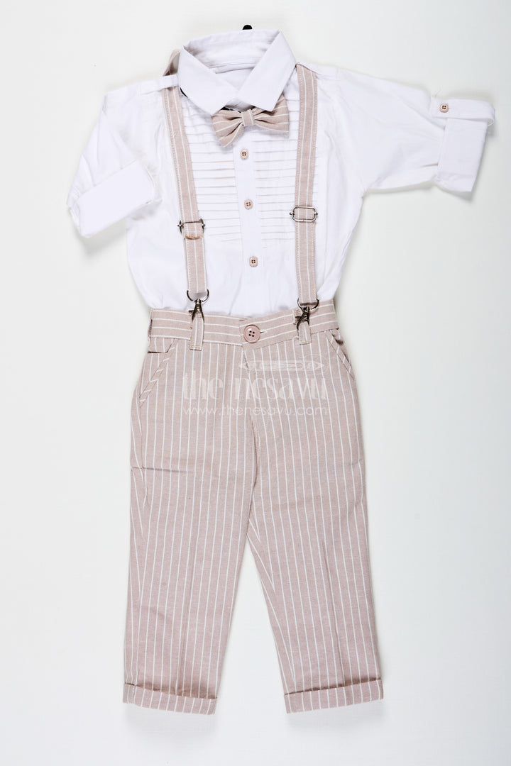 Pintucks Design Boys Cotton Shirt Set with Beige Striped Pants Bow Tie and Cap for Classic Casual Look