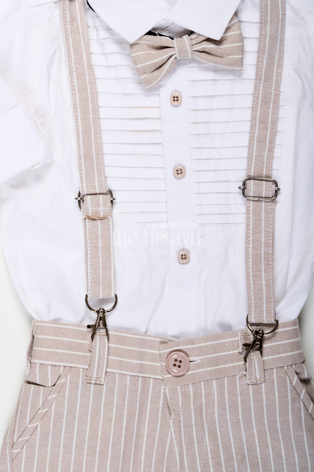 Pintucks Design Boys Cotton Shirt Set with Beige Striped Pants Bow Tie and Cap for Classic Casual Look