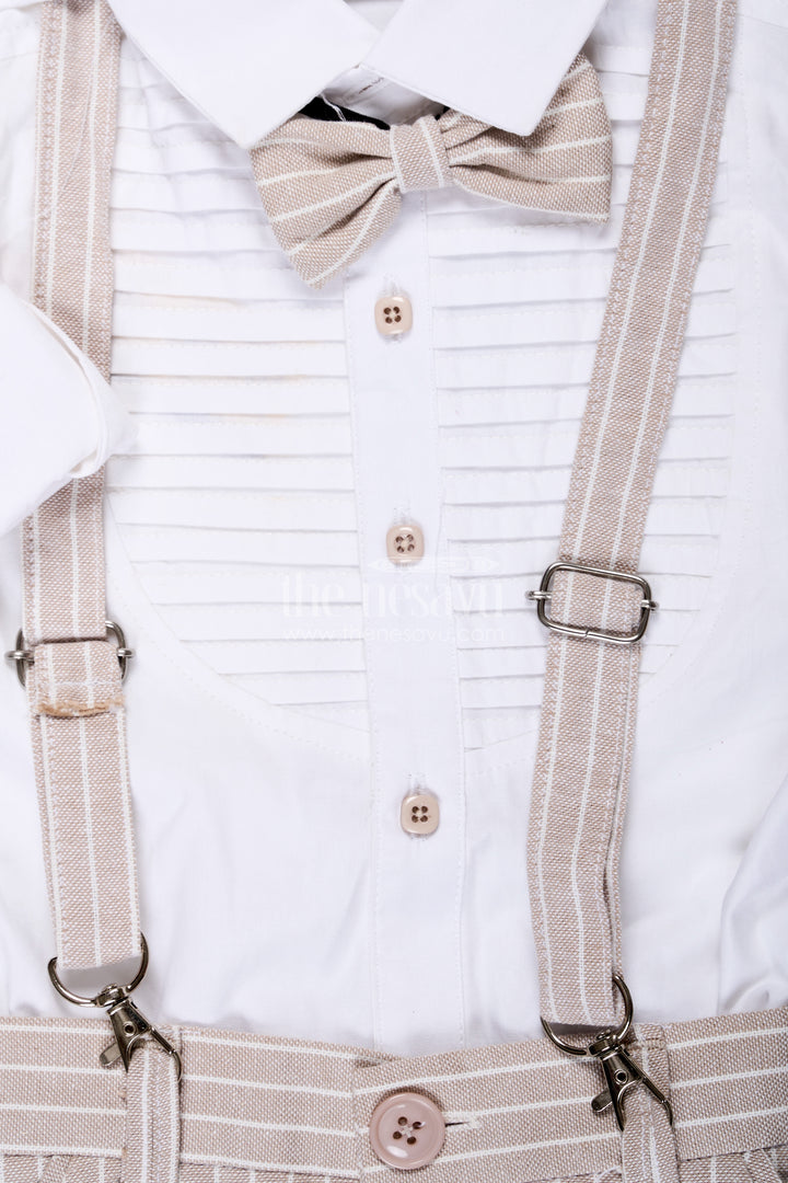 Pintucks Design Boys Cotton Shirt Set with Beige Striped Pants Bow Tie and Cap for Classic Casual Look