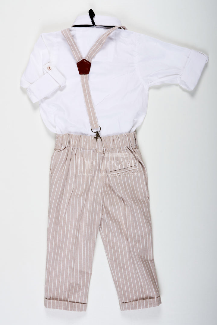 Pintucks Design Boys Cotton Shirt Set with Beige Striped Pants Bow Tie and Cap for Classic Casual Look