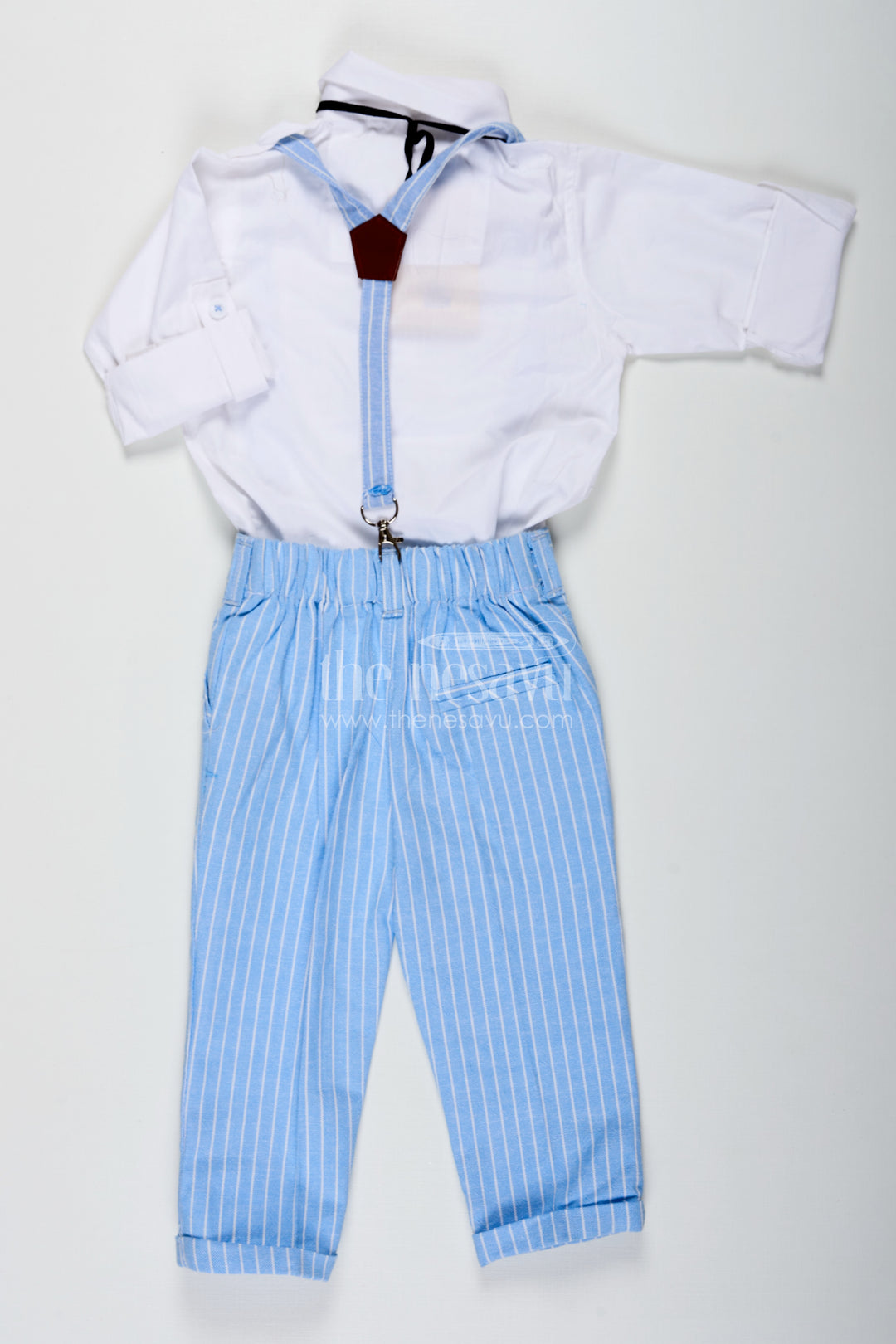 Pintuck Stitch Boys Formal Shirt Set with Light Blue Striped Pants Bow Tie and Matching Cap