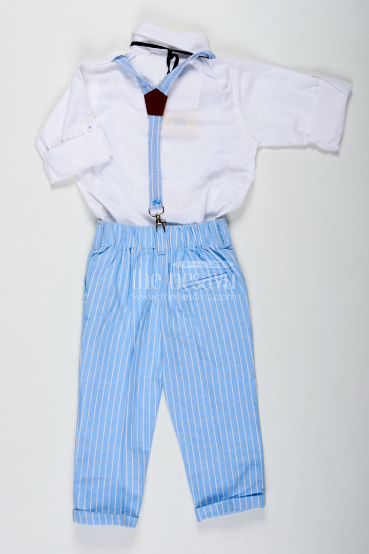 Pintuck Stitch Boys Formal Shirt Set with Light Blue Striped Pants Bow Tie and Matching Cap