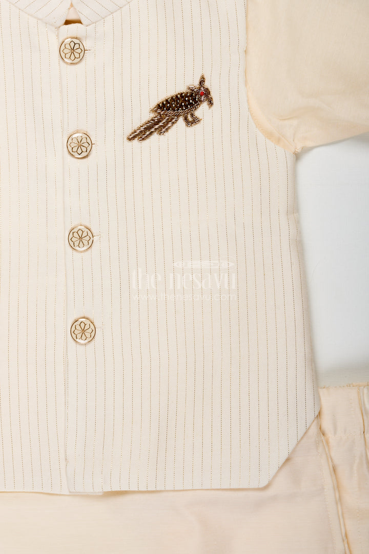 Ivory Kurta Set for Boys in Silk Blend with Designer Brooch Embellishment and Straight-Cut Pants