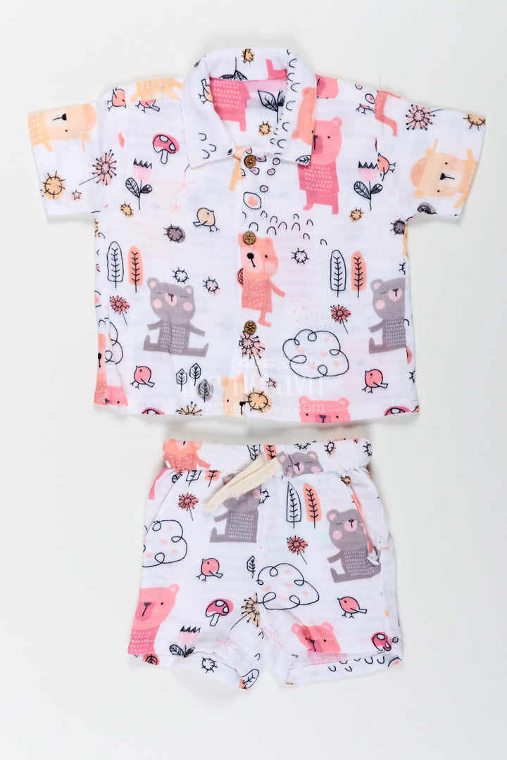 Boys White Short Sleeve Casual Shirt Set with Bear and Nature Print in Lightweight Muslin for Playful Outfits