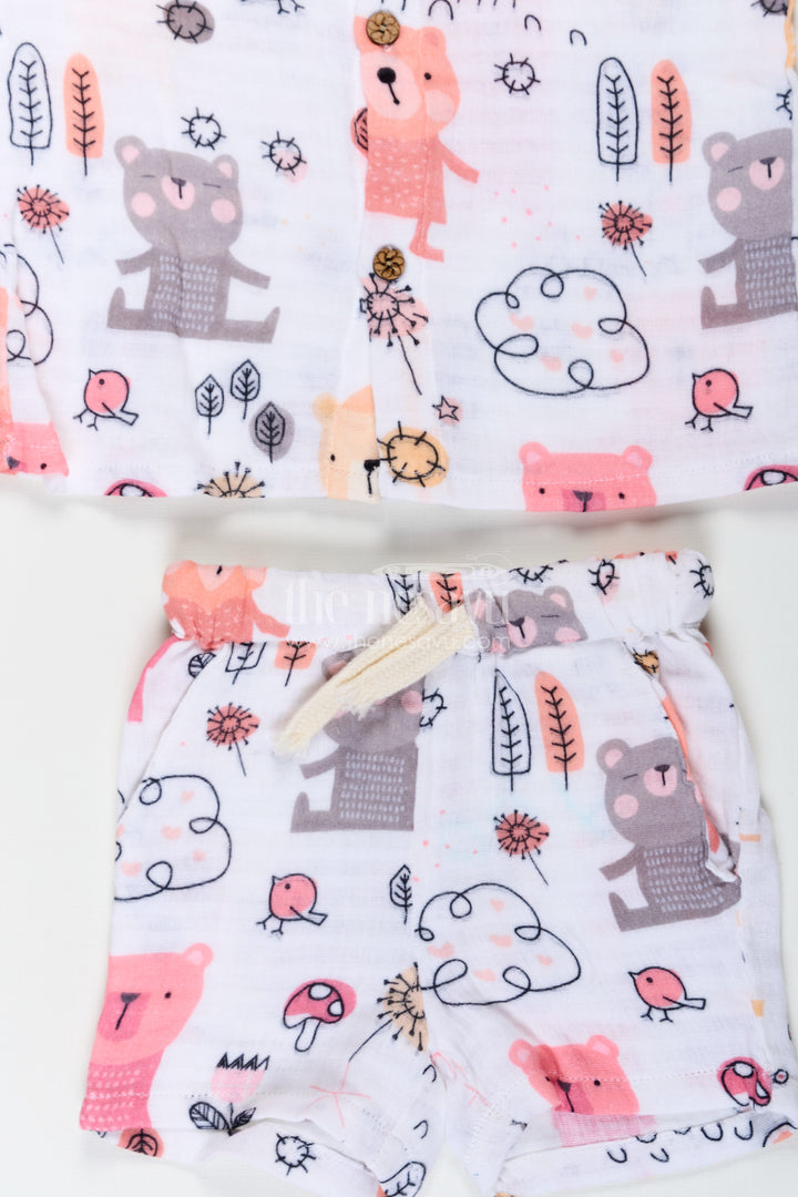 Boys White Short Sleeve Casual Shirt Set with Bear and Nature Print in Lightweight Muslin for Playful Outfits